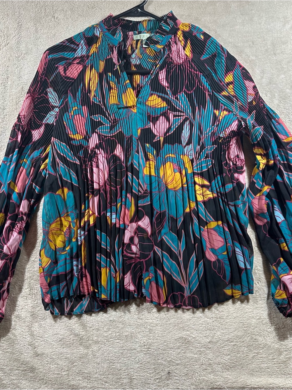 Pleated Floral Blouse - Black with Teal, Pink & Yellow